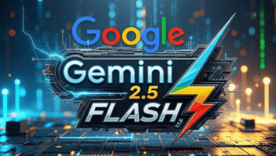 مراجعة شاملة لـ Google Gemini 2.5 Flash Image: المميزات والعيوب وأهم التجارب العملية شعار Google بألوانه مع شعار Gemini 2.5 Flash بتصميم معدني مستقبلي ورمز برق ملون على خلفية تقنية مضيئة بلوحات الدوائر