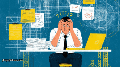 مدير مشروع يشعر بالارتباك والضغط يضع يديه على رأسه مع علامات استفهام وتعجب فوق رأسه وخلفية مخططات مشاريع معقدة