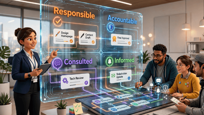 RACI Matrix, ما هي مصفوفة RACI, شرح مصفوفة RACI, كيفية استخدام مصفوفة RACI, مصفوفة المسؤوليات, توزيع المهام في المشروع, تحديد مسؤوليات فريق العمل, أدوار ومسؤوليات فريق المشروع, RACI في إدارة المشاريع, نموذج RACI, مثال على مصفوفة RACI, الفرق بين Responsible وAccountable, كيفية إنشاء RACI Matrix