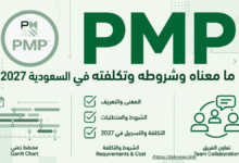 اختصار محترف إدارة المشاريع PMP: ما معناه وشروطه وتكلفته في السعودية 2027؟ غلاف يوضح اختصار PMP ومعناه وشروطه وتكلفته في السعودية 2027 مع أيقونات مخطط جانت ومتطلبات التكلفة وتعاون الفريق