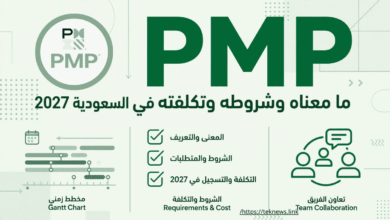 اختصار محترف إدارة المشاريع PMP: ما معناه وشروطه وتكلفته في السعودية 2027؟ غلاف يوضح اختصار PMP ومعناه وشروطه وتكلفته في السعودية 2027 مع أيقونات مخطط جانت ومتطلبات التكلفة وتعاون الفريق