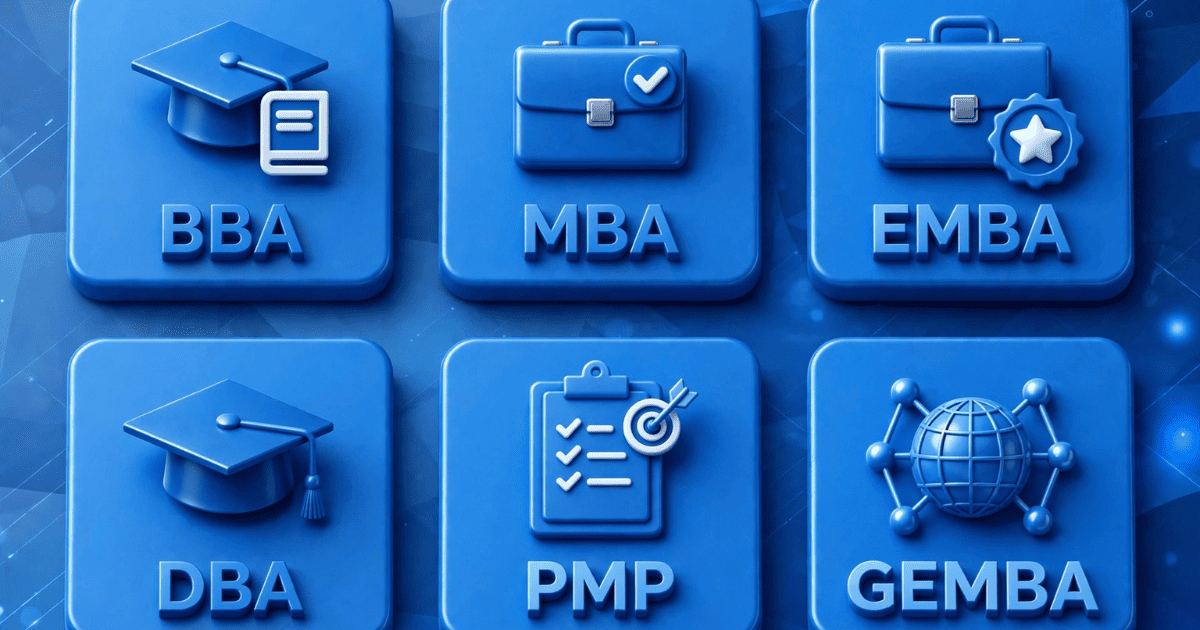 اختصارات إدارة الأعمال BBA MBA DBA بأسلوب ثلاثي الأبعاد باللون الأزرق