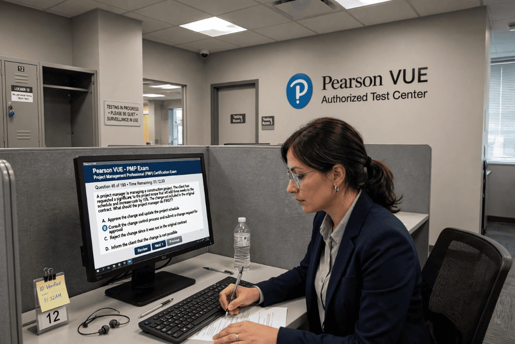اختصار محترف إدارة المشاريع PMP: ما معناه وشروطه وتكلفته في السعودية 2027؟ متدربة تؤدي اختبار PMP في مركز Pearson VUE Authorized Test Center المعتمد حيث يظهر سؤال من أسئلة إدارة المشاريع على شاشة الكمبيوتر