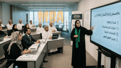أفضل دول دراسة MBA للعرب من حيث التكلفة والفرص طالب عربي يستعد للسفر لدراسة ماجستير إدارة الأعمال في الخارج أمام خريطة العالم مع أعلام ألمانيا وبريطانيا وإسبانيا وماليزيا والإمارات