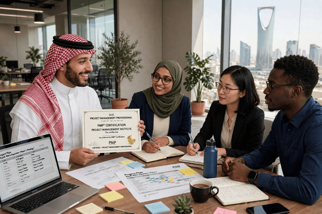 اختصار محترف إدارة المشاريع PMP: ما معناه وشروطه وتكلفته في السعودية 2027؟ فريق عمل متنوع يناقش خطة مشروع مع زميل سعودي يحمل شهادة PMP Project Management Professional في مكتب حديث بالرياض