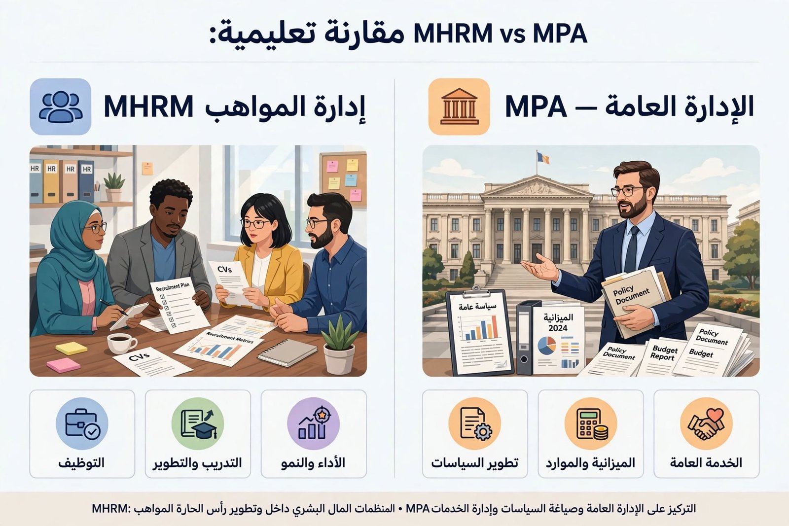 ما هو اختصار ماجستير الموارد البشرية؟ الفرق بين MHR و MHRM و MPA مقارنة تعليمية بين ماجستير إدارة المواهب MHRM وماجستير الإدارة العامة MPA باللغة العربية - التوظيف والتدريب مقابل تطوير السياسات والميزانية