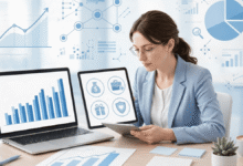 تحليل رواتب الموظفين: دليل مؤشرات أداء الرواتب Payroll KPIs و HR Analytics محللة موارد بشرية تراجع بيانات الرواتب على جهاز لوحي وحاسوب محمول يعرضان رسومًا بيانية لتحليل التعويضات والمزايا