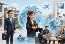 اختصار ماجستير تنفيذي في إدارة الأعمال الدولية: هل هو IEMBA أم IMBA أم Global EMBA؟ طلاب وخريجو ماجستير إدارة الأعمال الدولية أمام مجسم كرة أرضية وشبكة عالمية يرمز لمسارات BBA و MBA و IEMBA و Global EMBA