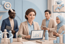 مديرة موارد بشرية تعمل على حاسوب محمول يعرض رسم بياني للأداء، وحولها فريق متنوع في مكتب عصري مع أيقونات التوظيف والتدريب والعمل الجماعي