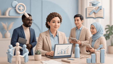 ما هي الموارد البشرية HR؟ التعريف والمهام والأهمية والوظائف مديرة موارد بشرية تعمل على حاسوب محمول يعرض رسم بياني للأداء، وحولها فريق متنوع في مكتب عصري مع أيقونات التوظيف والتدريب والعمل الجماعي