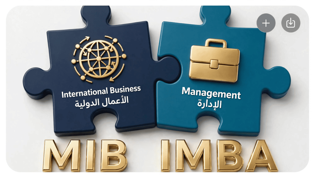 اختصار MIB و IMBA: ما هو ماجستير إدارة الأعمال الدولية والفرق بينه وبين MBA؟ قطعتا بازل ثلاثية الأبعاد متداخلتان، الأولى باللون الكحلي مكتوب عليها International Business الأعمال الدولية مع أيقونة كرة أرضية، والثانية باللون الأزرق مكتوب عليها Management الإدارة مع أيقونة حقيبة أعمال ذهبية، وأسفلها حروف ذهبية بارزة MIB IMBA