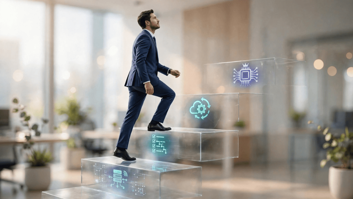 اختصار EMITM: ما هو ماجستير تنفيذي في إدارة تكنولوجيا المعلومات؟ رجل أعمال يصعد درجات شفافة مضيئة ترمز للترقي الوظيفي بعد ماجستير إدارة تكنولوجيا المعلومات مع أيقونات الخوادم والحوسبة السحابية