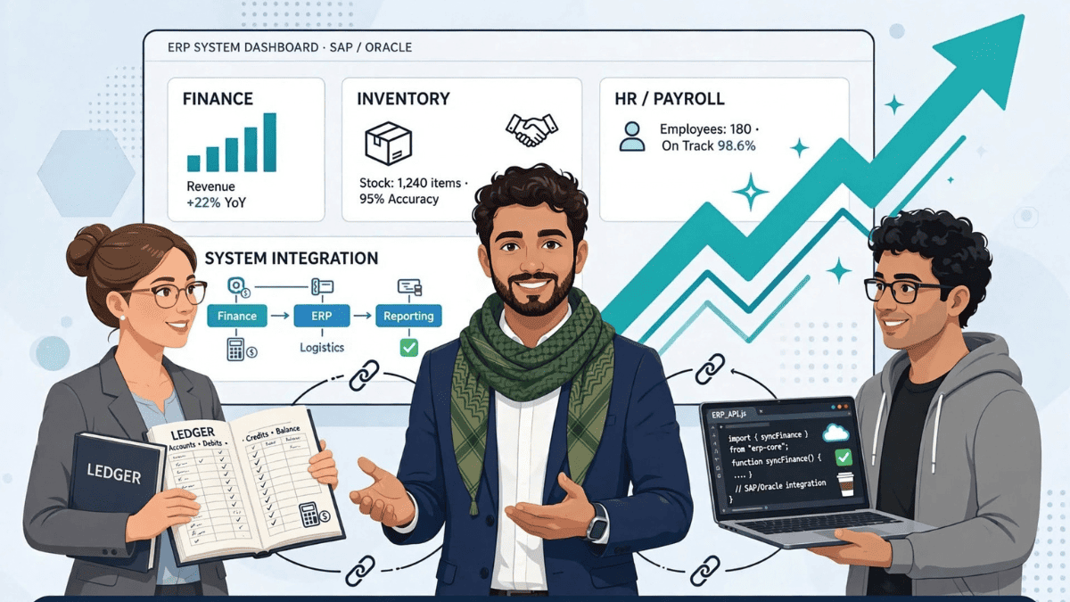 اختصار MAIS: ما هو ماجستير المحاسبة ونظم المعلومات والفرق مع MSA؟ خبير أنظمة ERP المالية يقف كحلقة وصل بين محاسبة تحمل دفتر الأستاذ ومطور يحمل كود برمجي أمام لوحة تحكم SAP و Oracle