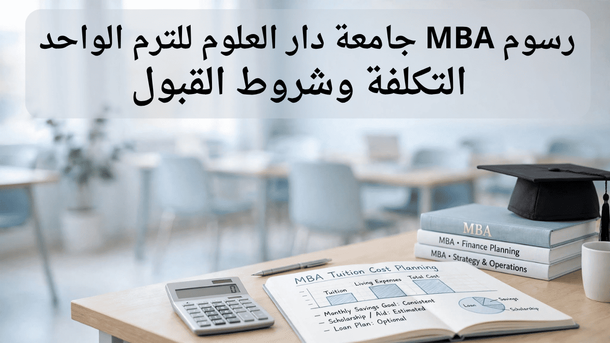 دفتر تخطيط تكاليف دراسة ماجستير إدارة الأعمال مع آلة حاسبة وكتب MBA وقبعة تخرج على طاولة في قاعة جامعية مضيئة