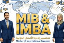 رجل وسيدة أعمال عربيان بملابس رسمية يقفان بجانب حروف ثلاثية الأبعاد ذهبية MIB & IMBA وخلفهما خريطة العالم مع مسارات التجارة العالمية وحاويات شحن وطائرة وشعارات التجارة الدولية