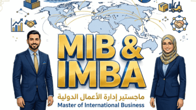 رجل وسيدة أعمال عربيان بملابس رسمية يقفان بجانب حروف ثلاثية الأبعاد ذهبية MIB & IMBA وخلفهما خريطة العالم مع مسارات التجارة العالمية وحاويات شحن وطائرة وشعارات التجارة الدولية