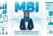 اختصار ماجستير المعلوماتية التجارية MBI: ما معناه والفرق بينه وبين MIS؟ محترفة عربية أمام شعار MBI ثلاثي الأبعاد مع أيقونات إدارة الأعمال والبرمجة وقواعد البيانات وشبكات المعلومات
