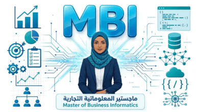 اختصار ماجستير المعلوماتية التجارية MBI: ما معناه والفرق بينه وبين MIS؟ محترفة عربية أمام شعار MBI ثلاثي الأبعاد مع أيقونات إدارة الأعمال والبرمجة وقواعد البيانات وشبكات المعلومات
