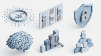 اختصار EMITM: ما هو ماجستير تنفيذي في إدارة تكنولوجيا المعلومات؟ أيقونات ثلاثية الأبعاد توضح محاور ماجستير إدارة تكنولوجيا المعلومات: الاستراتيجية والتخطيط، الأمن السيبراني، الذكاء الاصطناعي، تحليل البيانات، وقيادة الفرق