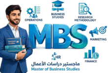 شاب عربي خريج إدارة أعمال يحمل كتب دراسات الأعمال ومنهجية البحث والتسويق والمالية أمام شعار MBS ثلاثي الأبعاد أزرق مع أيقونات Operations و Business Studies و Research Methodology و Marketing و Finance و HR