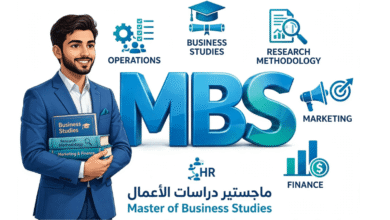 اختصار ماجستير دراسات الأعمال MBS: ما معناه والفرق بينه وبين MBA؟ شاب عربي خريج إدارة أعمال يحمل كتب دراسات الأعمال ومنهجية البحث والتسويق والمالية أمام شعار MBS ثلاثي الأبعاد أزرق مع أيقونات Operations و Business Studies و Research Methodology و Marketing و Finance و HR