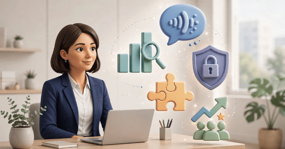 موظفة موارد بشرية تجلس أمام حاسوب محمول وحولها أيقونات ثلاثية الأبعاد تمثل مهارات التواصل وتحليل البيانات والسرية المهنية وحل المشكلات