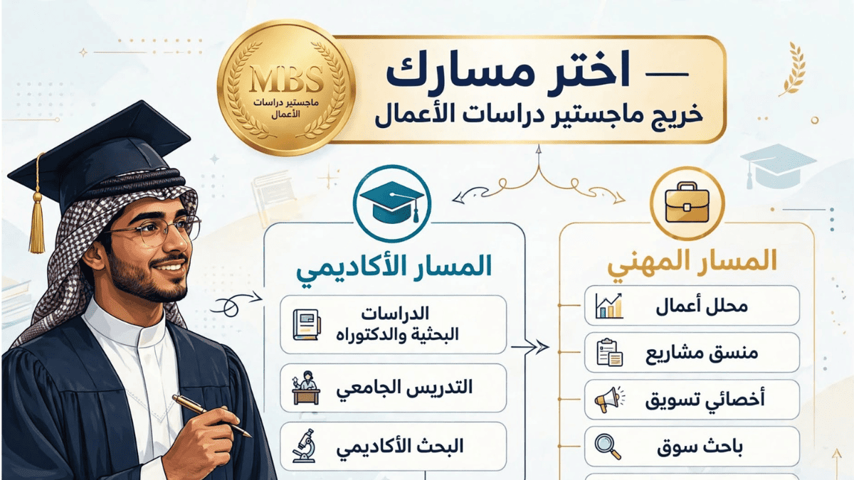 اختصار ماجستير دراسات الأعمال MBS: ما معناه والفرق بينه وبين MBA؟ خريج سعودي بلبس التخرج وشماغ أمام انفوجرافيك اختر مسارك خريج ماجستير دراسات الأعمال MBS يوضح المسار الأكاديمي الدراسات البحثية والدكتوراه والتدريس الجامعي والبحث الأكاديمي والمسار المهني محلل أعمال ومنسق مشاريع وأخصائي تسويق وباحث سوق
