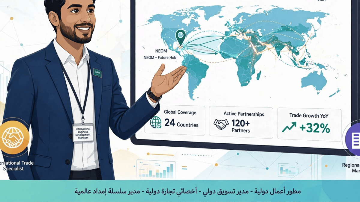 اختصار MIB و IMBA: ما هو ماجستير إدارة الأعمال الدولية والفرق بينه وبين MBA؟ شاب عربي مدير تطوير أعمال دولية يعرض لوحة تحكم عمليات عالمية على شاشة كبيرة تظهر خريطة العالم ومركز نيوم كمحور مستقبلي وعلم السعودية مع مؤشرات نمو التجارة والشراكات العالمية